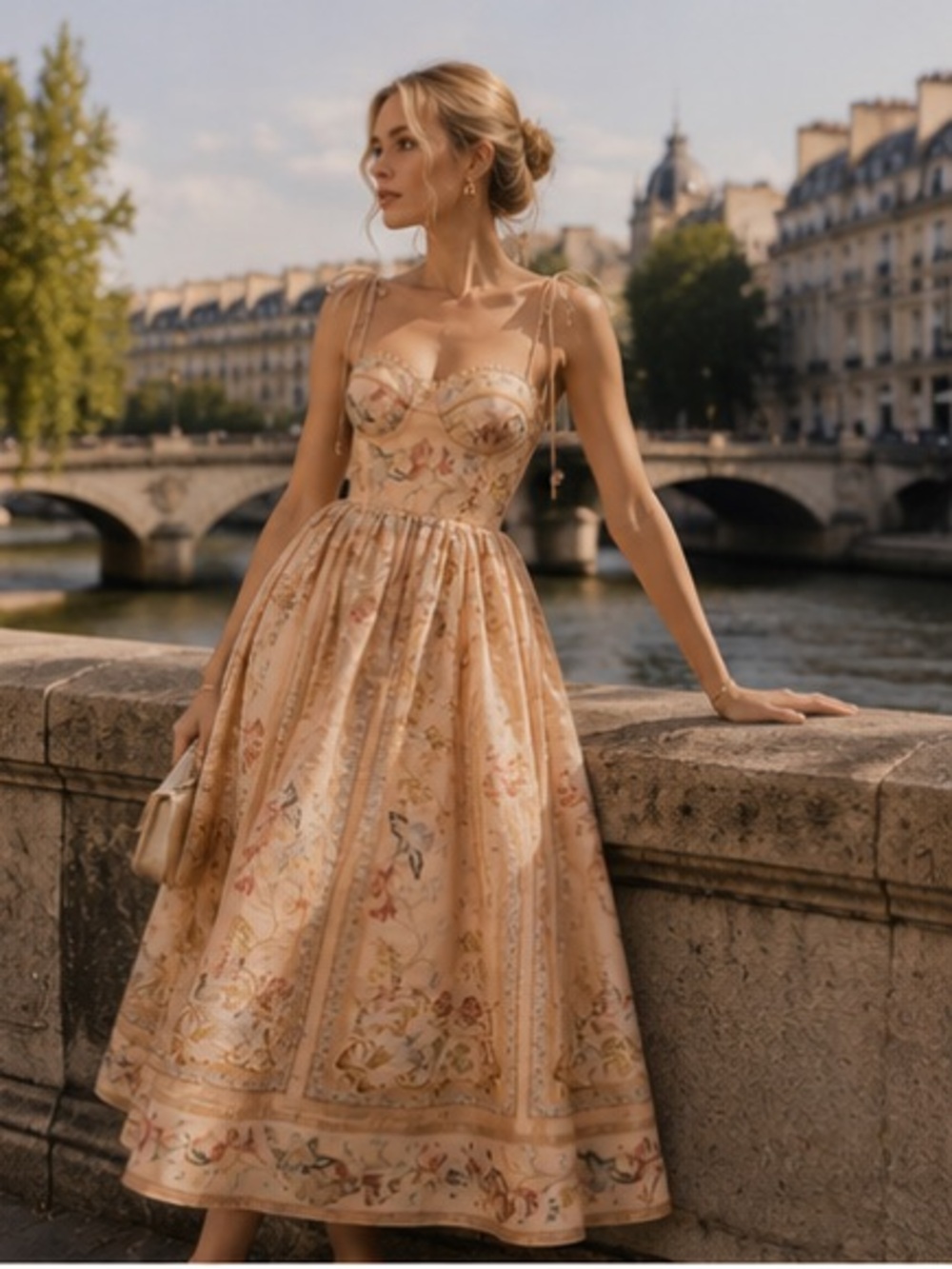 Zimmerman Elegant Peach Floral Midi Dress with Corset Bodice - Picture 3 of 11